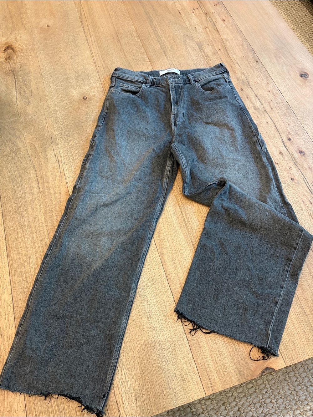 Hollister Men's Washed Black Bootcut Jeans with Frayed Hem